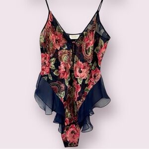Vtg. Victorias Secret Gold Label Pink Navy Floral Satin Teddy Bodysuit Size XS